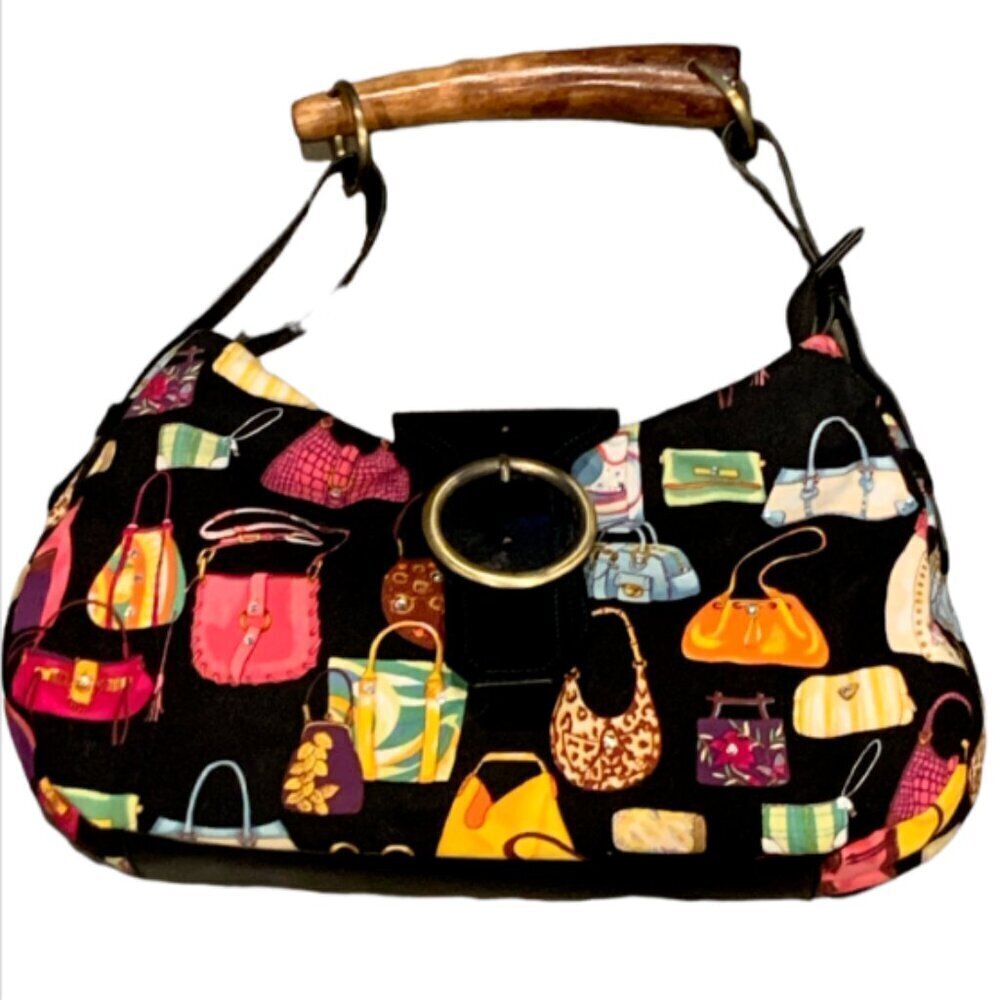 VTG‎ Far Nine Handbag w/ Novelty Print of Ladies Purses Rhinestoned #58J